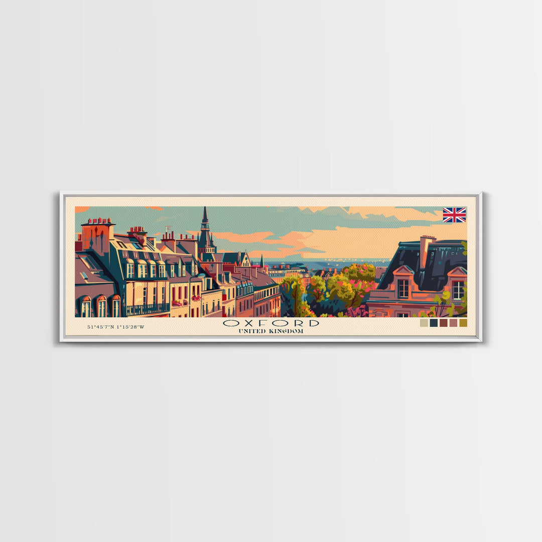 Oxford United Kingdom Panoramic Travel Poster, Framed Canvas Print or Metal Wall Art, Travel Art, Home Decor, Panoramic Painting, Midcentury Art