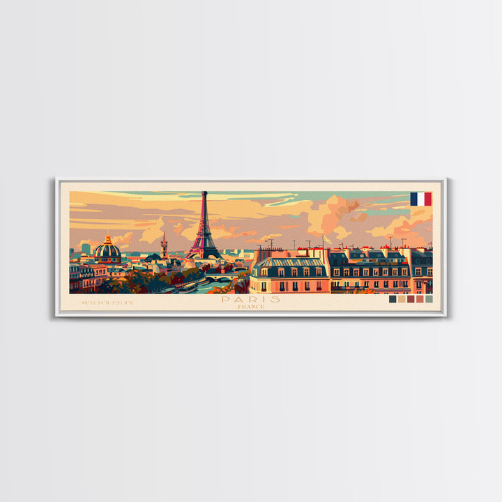 Paris France Panoramic Travel Poster, Framed Canvas Print or Metal Wall Art, Travel Art, Home Decor, Panoramic Painting, Midcentury Art