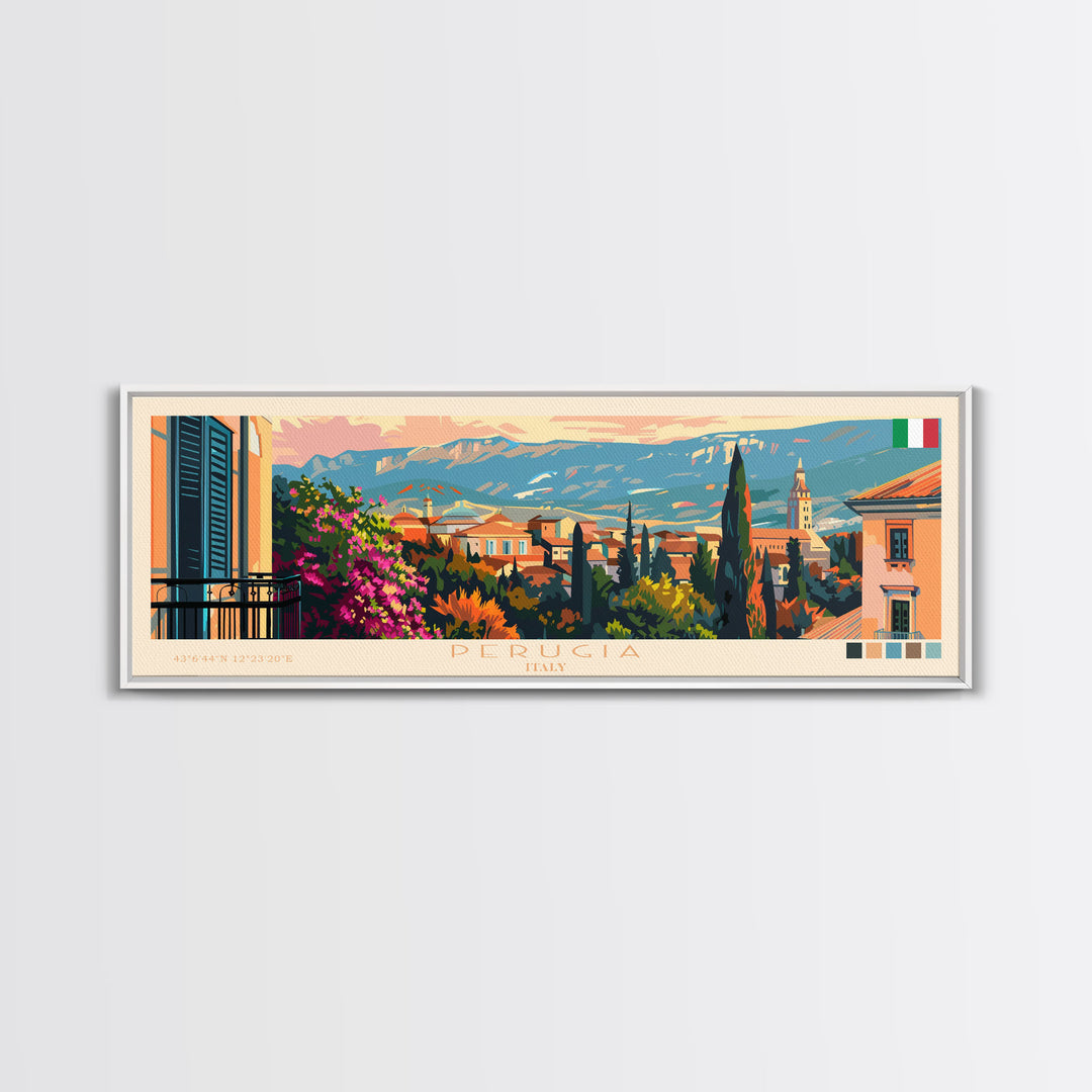 Perugia Italy Panoramic Travel Poster, Framed Canvas Print or Metal Wall Art, Travel Art, Home Decor, Panoramic Painting, Midcentury Art