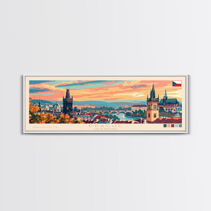 Prague Czech Republic Travel Art, City Art, Framed Canvas Print or Metal Wall Art, Europe Travel Poster, Panoramic Wall Art, Extra Wide Wall Art