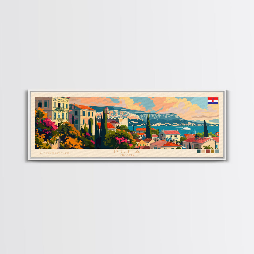 Pula Croatia Panoramic Travel Poster, Framed Canvas Print or Metal Wall Art, Travel Art, Home Decor, Panoramic Painting, Midcentury Art