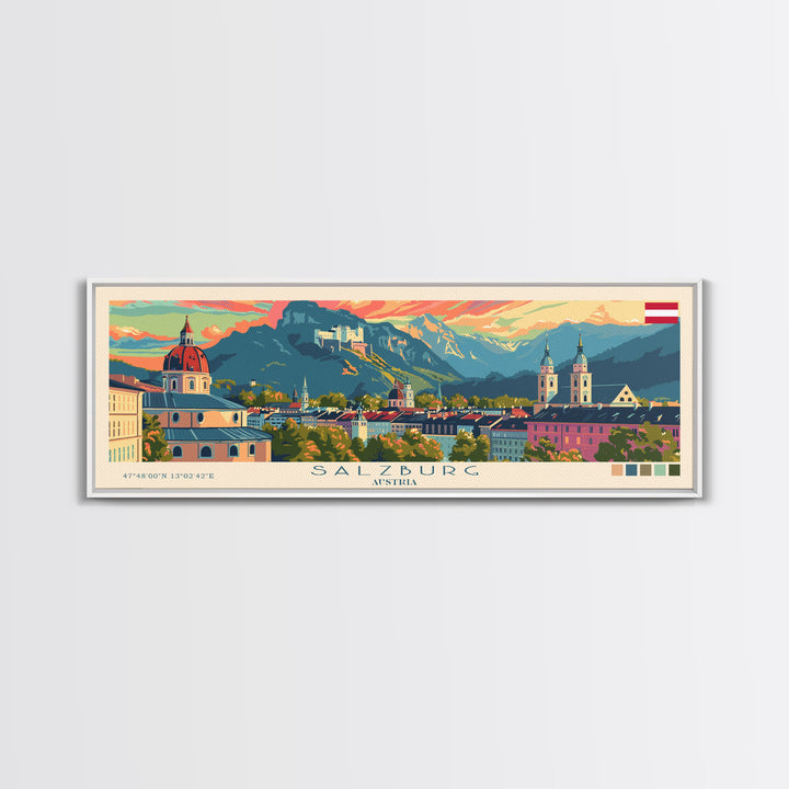 Salzburg Austria Panoramic Travel Poster, Framed Canvas Print or Metal Wall Art, Travel Art, Home Decor, Panoramic Painting, Midcentury Art