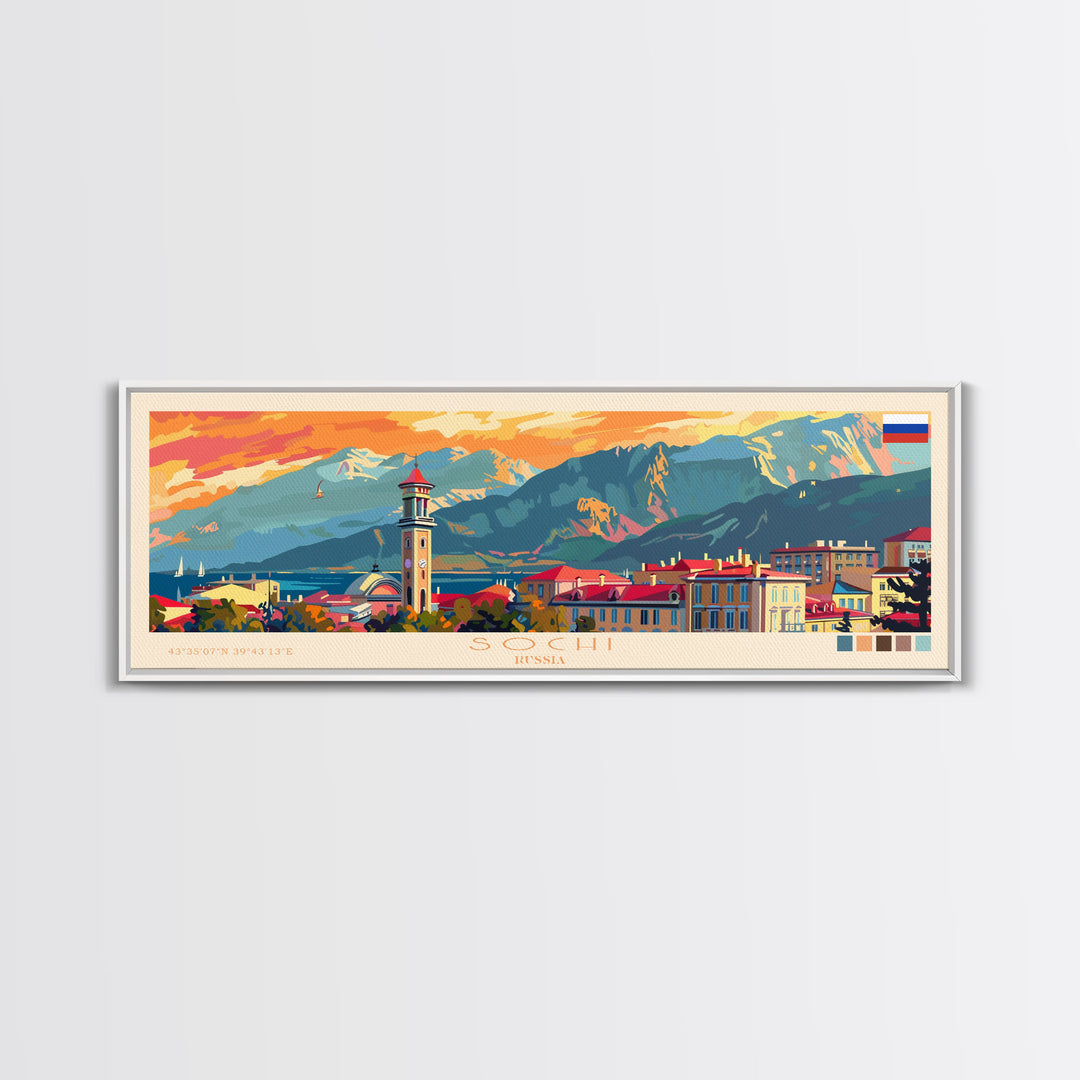 Sochi Russia Panoramic Travel Poster, Framed Canvas Print or Metal Wall Art, Travel Art, Home Decor, Panoramic Painting, Midcentury Art