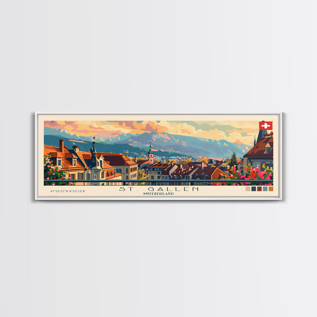 St. Gallen Switzerland Panoramic Travel Poster, Framed Canvas Print or Metal Wall Art, Travel Art, Home Decor, Panoramic Painting, Midcentury Art