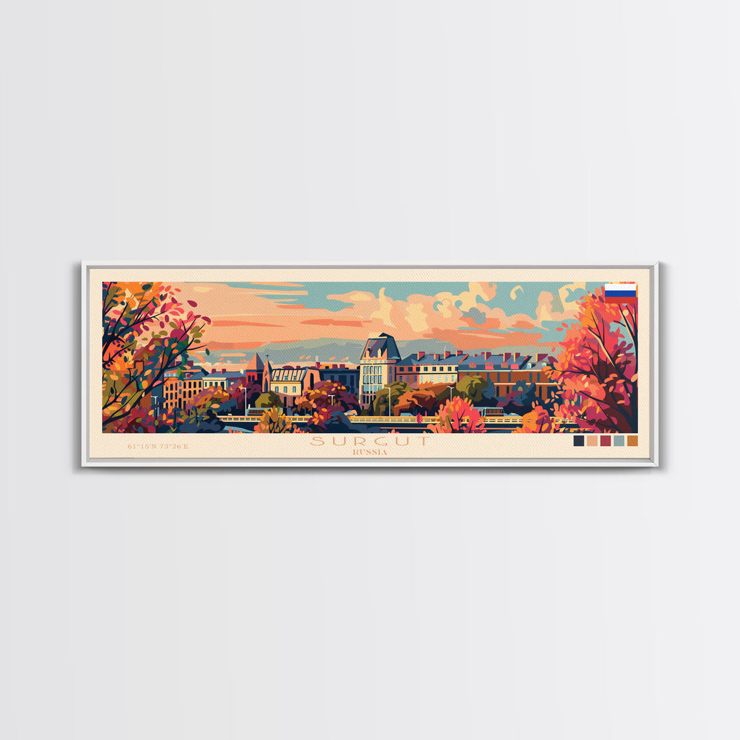 Surgut Russia Panoramic Travel Poster, Framed Canvas Print or Metal Wall Art, Travel Art, Home Decor, Panoramic Painting, Midcentury Art