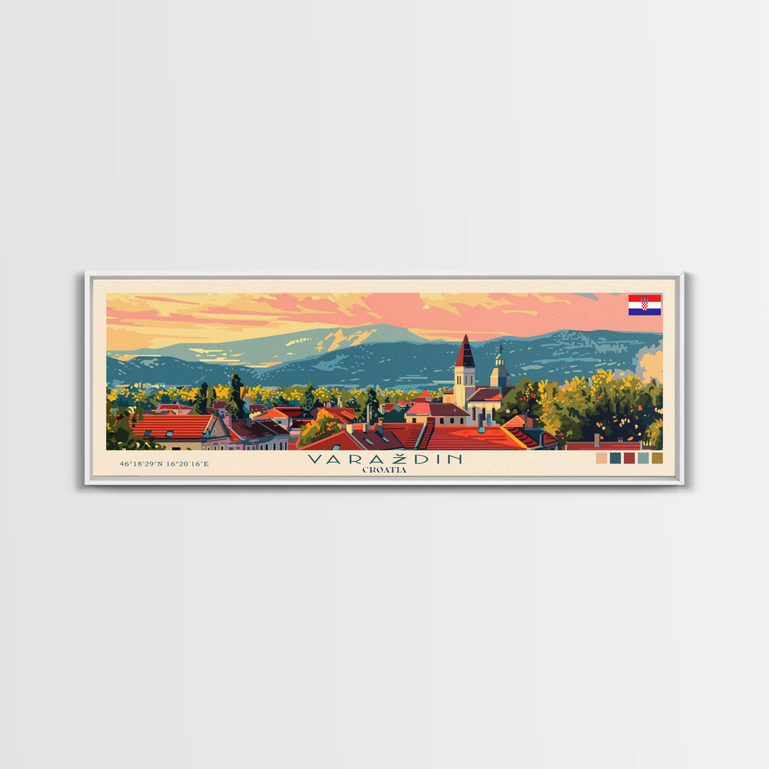 Varaždin Croatia Panoramic Travel Poster, Framed Canvas Print or Metal Wall Art, Travel Art, Home Decor, Panoramic Painting, Midcentury Art