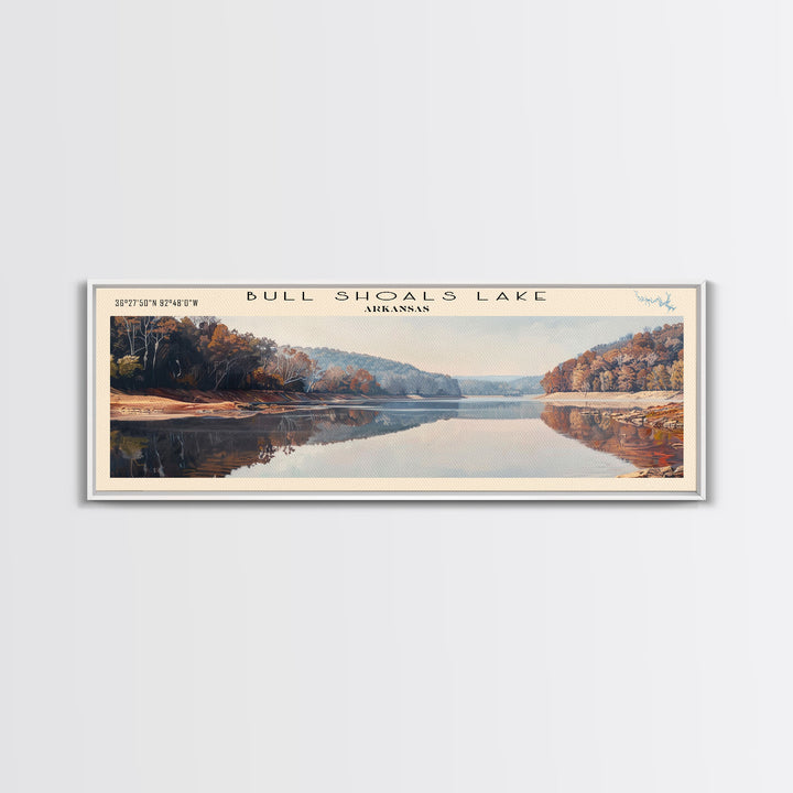 Bull Shoals Lake Arkansas Framed Canvas Print, Lake House Art, Panoramic Wall Art, Travel Poster, Rustic Lake Painting, Home Decor