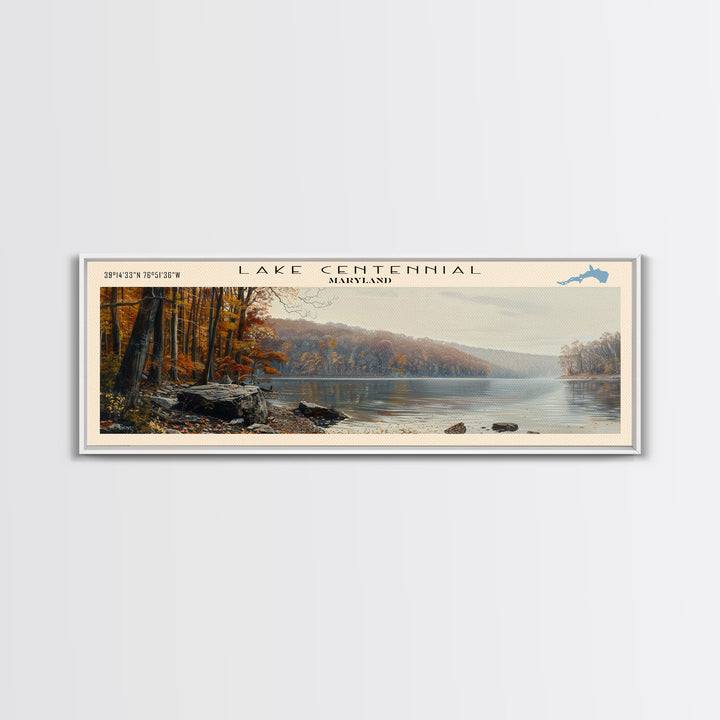 Lake Centennial Maryland Framed Canvas Print, Panoramic Lake House Decor, Wall Art, Travel Poster, Serene Lake Painting, Nature Art