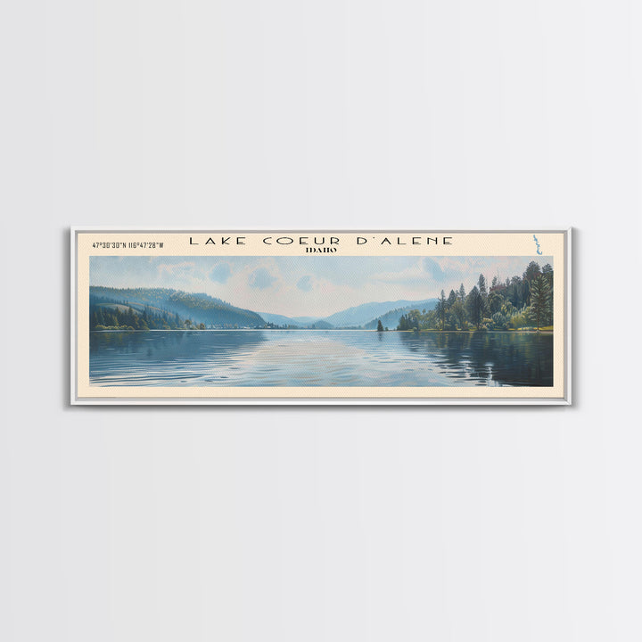 Lake Coeur d'Alene Idaho Framed Canvas Print, Lake House Decor, Panoramic Wall Art, Travel Poster, Scenic Lake Painting, Home Art