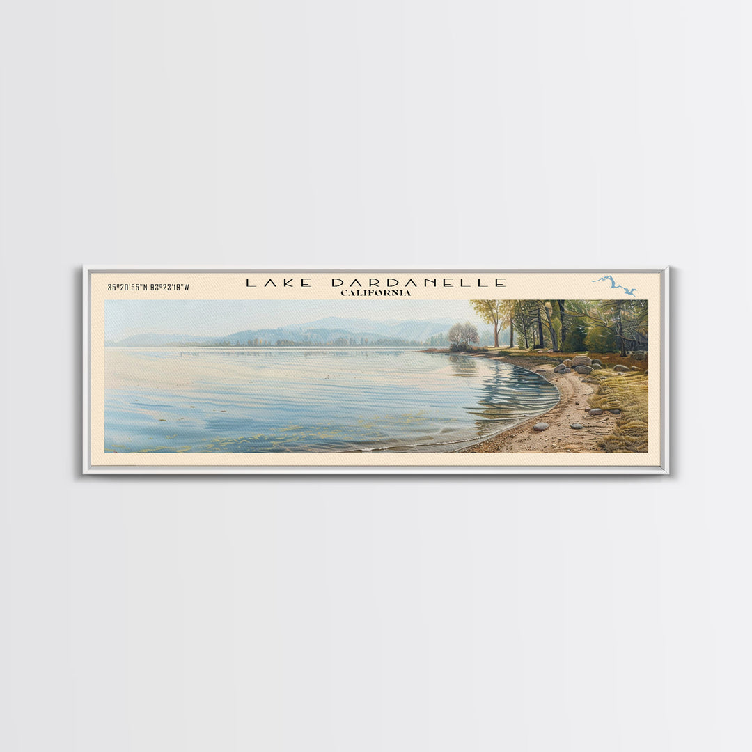 Lake Dardanelle California Framed Canvas Print, Lake House Decor, Panoramic Wall Art, Travel Poster, Scenic Landscape Painting, Nature Art