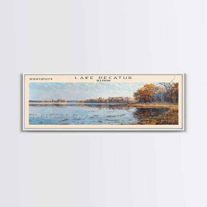 Lake Decatur Illinois Framed Canvas Print, Lake House Decor, Panoramic Wall Art, Travel Poster, Beautiful Lake Painting, Nature Art