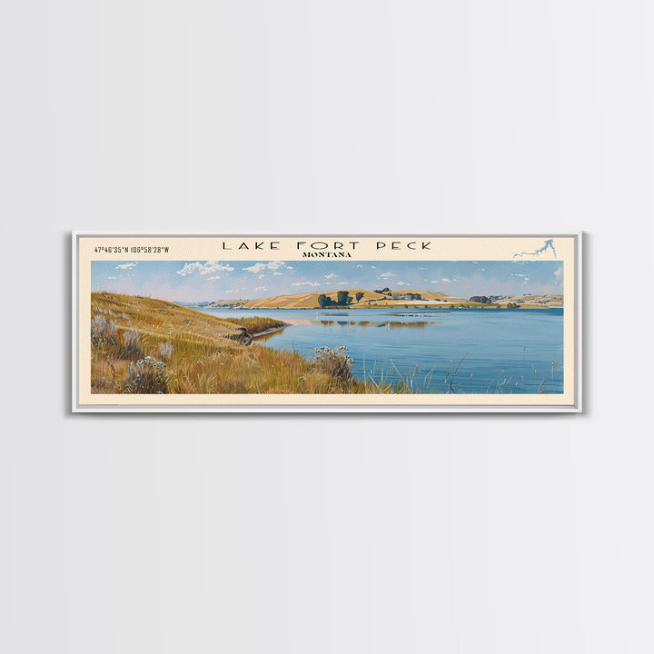 Lake Fort Peck Framed Canvas Print, Lake House Decor, Panoramic Wall Art, Travel Poster, Scenic Lake Painting, Nature Art