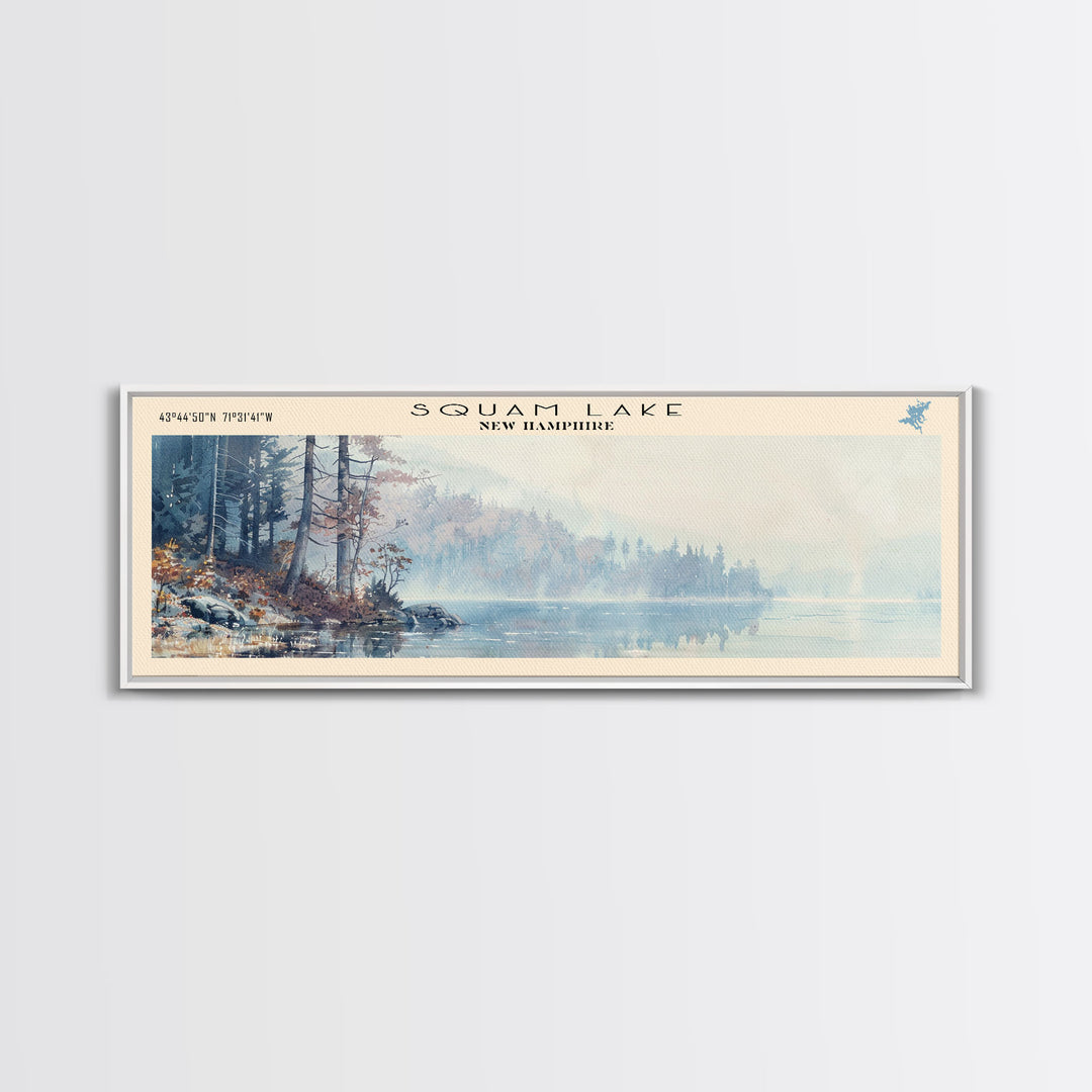 Squam Lake New Hampshire Panoramic Framed Canvas Print, Lake House Decor, Wall Art, Travel Poster, Scenic Landscape, Living Room Decor