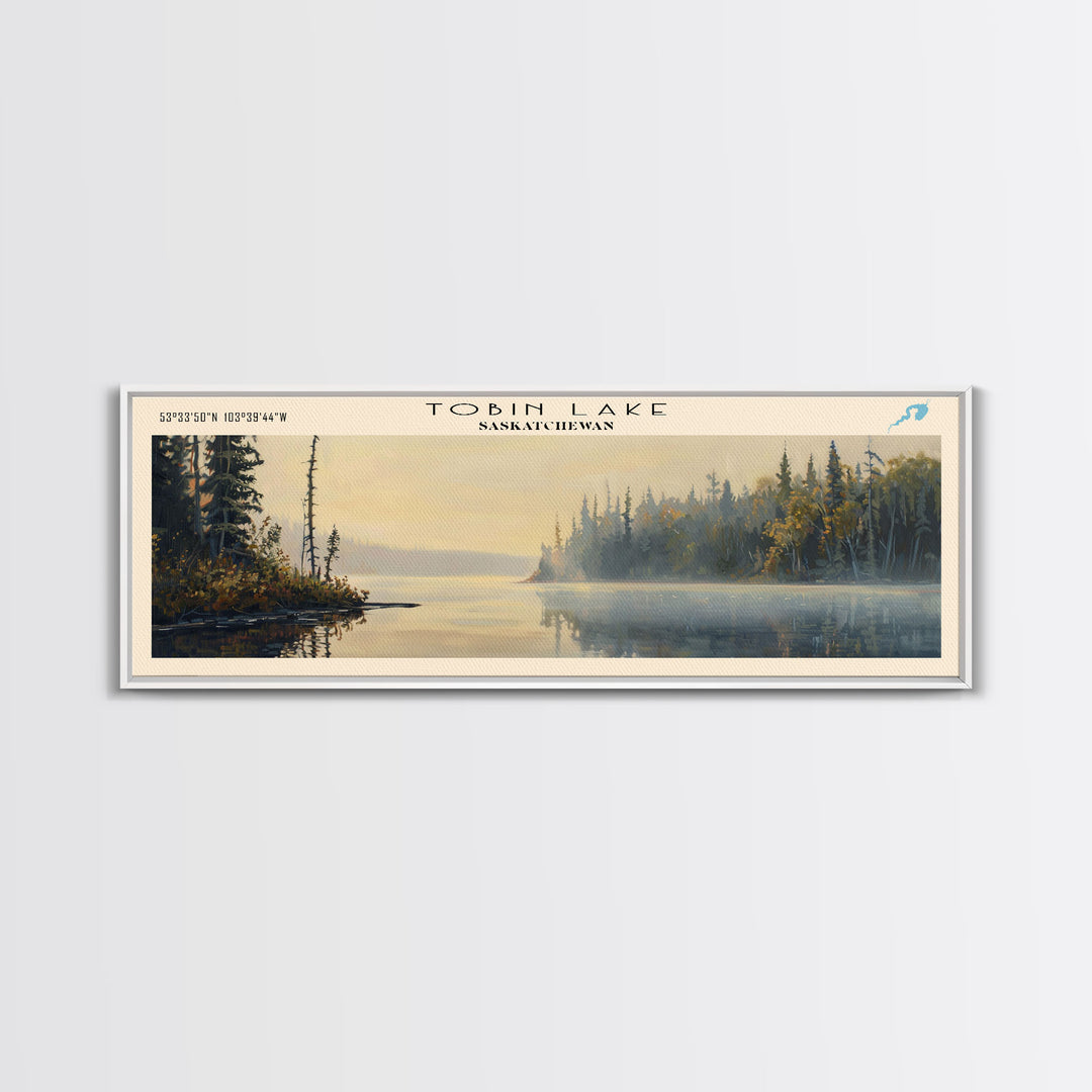 Tobin Lake Panoramic Wall Art, Framed Canvas Print, Lake House Decor, Travel Poster, Serene Landscape, Living Room Decor