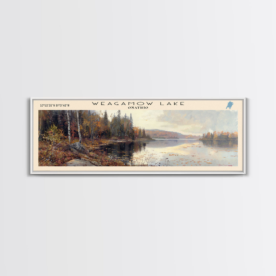 Weagamow Lake Panoramic Wall Art, Framed Canvas Print, Lake House Decor, Travel Poster, Scenic Lake Scene, Living Room Art