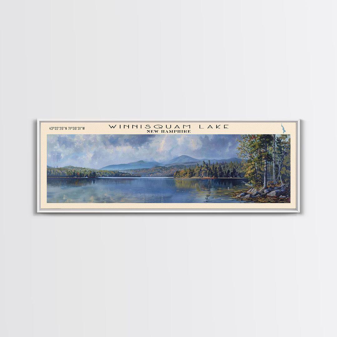 Winnisquam Lake New Hampshire Panoramic Wall Art, Framed Canvas Print, Lake House Decor, Travel Poster, Beautiful Lake Scene, Living Room Art