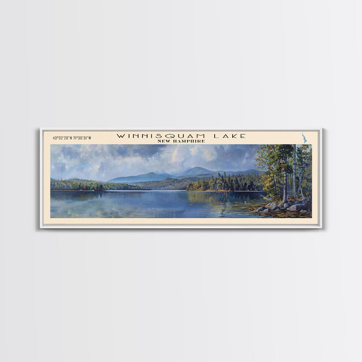 Winnisquam Lake New Hampshire Panoramic Wall Art, Framed Canvas Print, Lake House Decor, Travel Poster, Beautiful Lake Scene, Living Room Art