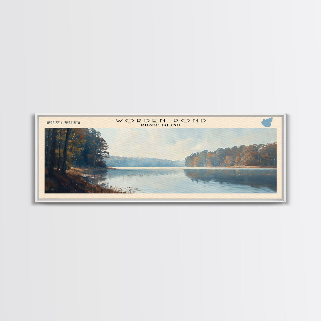 Worden Pond Rhode Island Panoramic Wall Art, Framed Canvas Print, Lake House Decor, Travel Poster, Beautiful Lake Scene, Living Room Decor