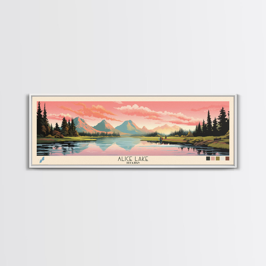 Alice Lake Idaho Framed Canvas Print, Panoramic Wall Art, Midcentury Modern, Pop Art, Travel Poster, Lake House Decor