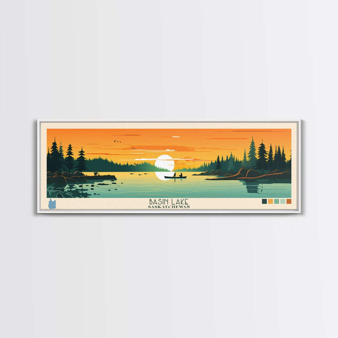 Basin Lake Saskatchewan Framed Canvas Print, Panoramic Wall Art, Midcentury Modern Lake House Decor, Pop Art, Travel Poster, Scenic Living Room Art