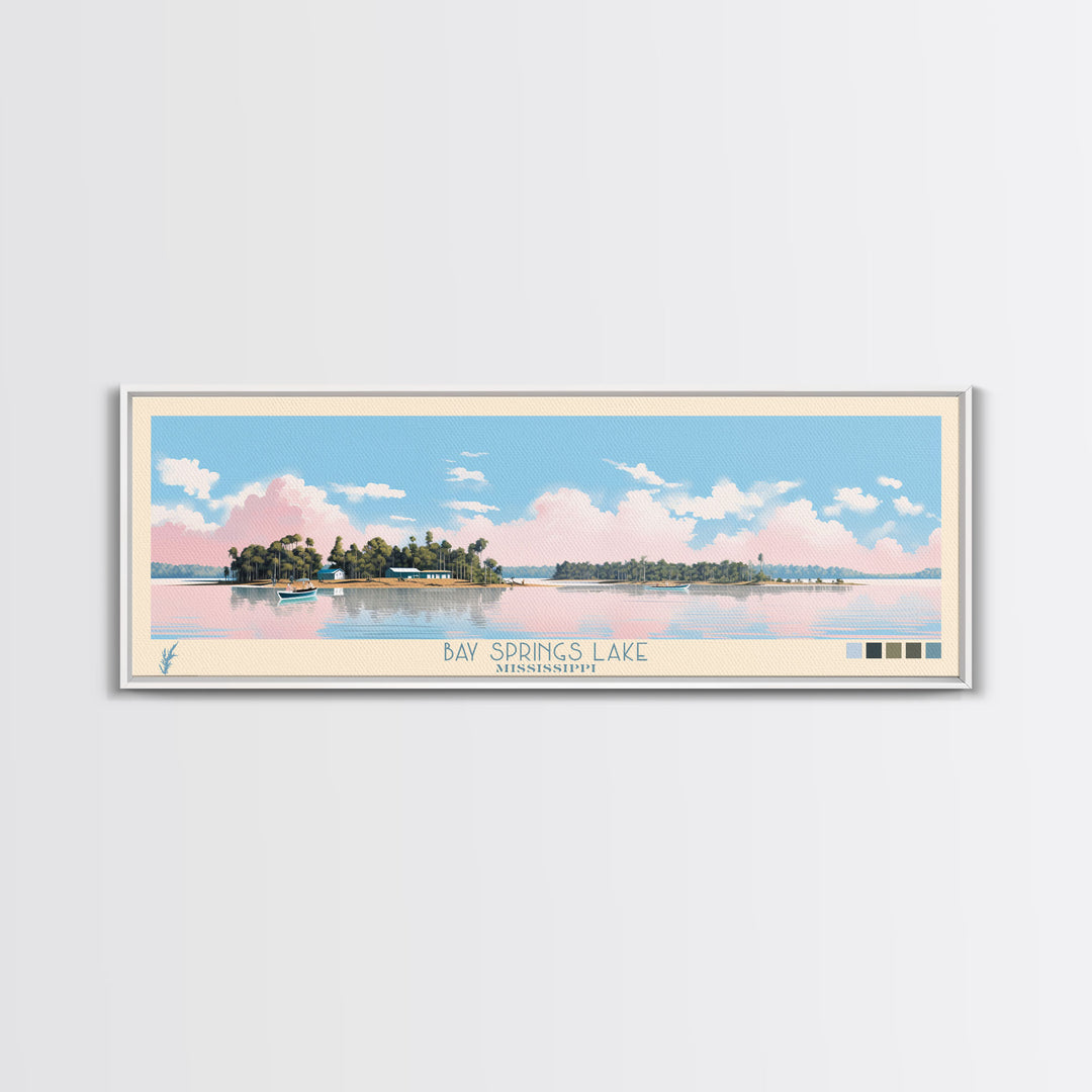 Bay Springs Lake Mississippi Framed Canvas Print, Panoramic Wall Art, Midcentury Modern, Pop Art, Travel Poster, Scenic Living Room Decor, Bedroom Art