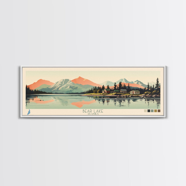 Bear Lake Southwest Alaska Framed Canvas Print, Panoramic Wall Art, Midcentury Modern, Pop Art, Travel Poster, Scenic Bedroom Art, Living Room Decor