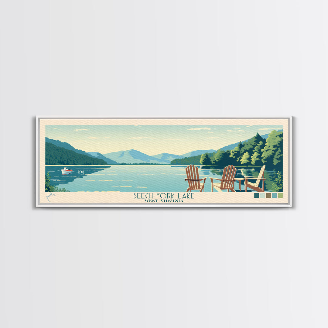 Beech Fork Lake West Virginia Framed Canvas Print, Panoramic Wall Art, Midcentury Modern, Pop Art, Travel Poster, Scenic Lake House Decor, Bedroom Art