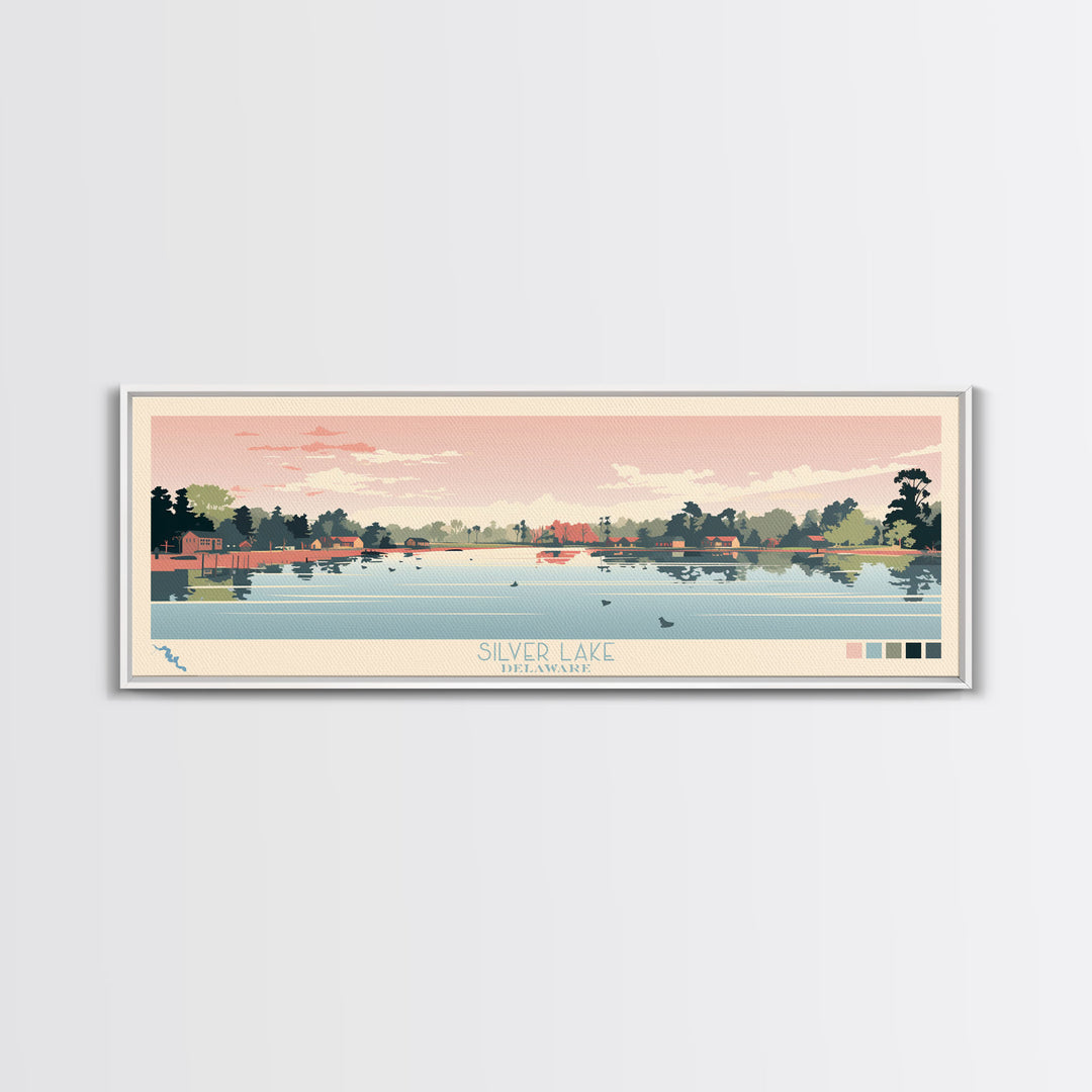 Silver Lake, Delaware Framed Canvas Print, Panoramic Wall Art, Midcentury Modern Decor, Pop Art, Travel Poster, Home Decoration