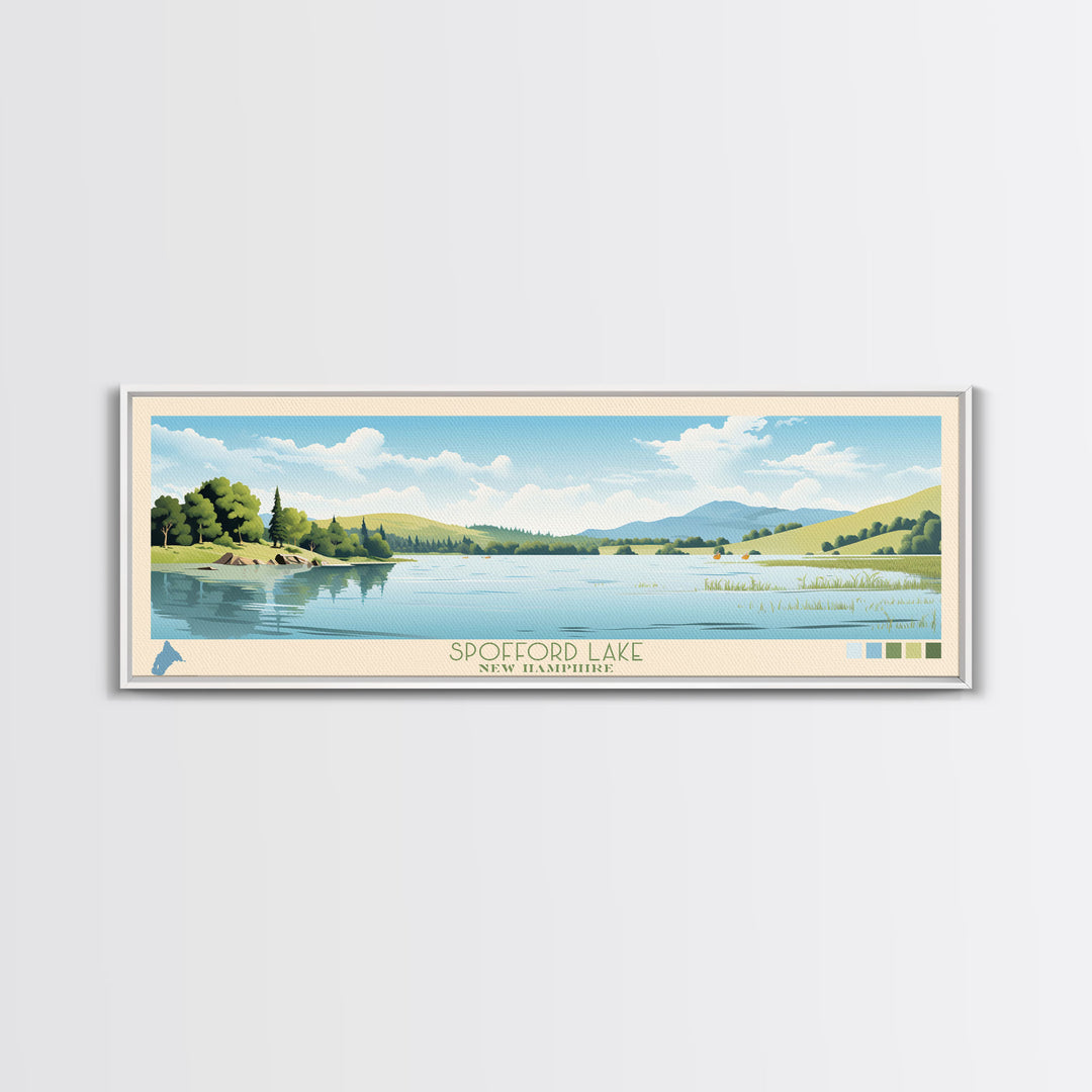 Spofford Lake, New Hampshire Framed Canvas Print, Lake House Art, Midcentury Modern Decor, Pop Art, Travel Poster, Living Room Wall Art