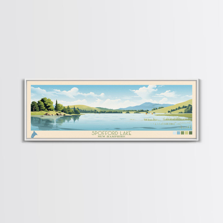 Spofford Lake, New Hampshire Framed Canvas Print, Lake House Art, Midcentury Modern Decor, Pop Art, Travel Poster, Living Room Wall Art