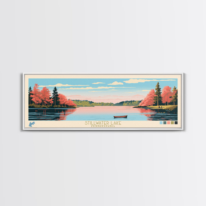 Stillwater Lake, Pennsylvania Framed Canvas Print, Lake House Decor, Midcentury Modern Art, Pop Art, Travel Poster, Bedroom Wall Art