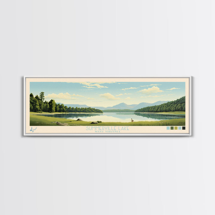 Summerville Lake, West Virginia Framed Canvas Print, Lake House Art, Midcentury Modern Decor, Pop Art, Travel Poster, Living Room Wall Art