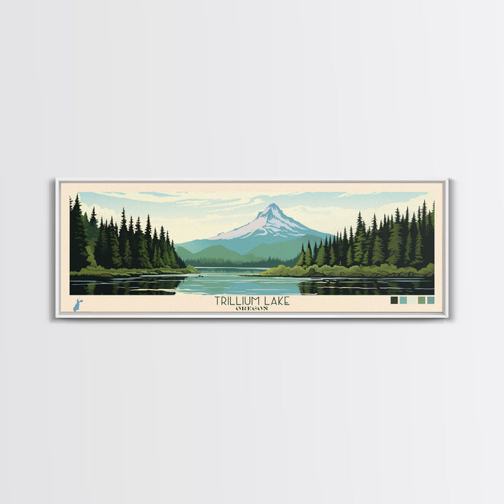 Trillium Lake, Oregon Framed Canvas Print, Lake House Art, Midcentury Modern Decor, Pop Art, Travel Poster, Bedroom Wall Art