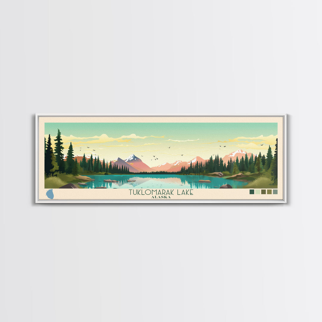 Tuklomarak Lake, Alaska Framed Canvas Print, Lake House Art, Midcentury Modern Decor, Pop Art, Travel Poster, Bedroom Wall Art