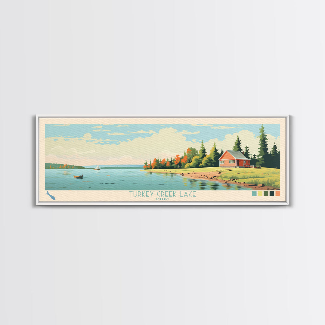 Turkey Creek Lake, Ohio Framed Canvas Print, Lake House Decor, Midcentury Modern Art, Pop Art, Travel Poster, Living Room Wall Art