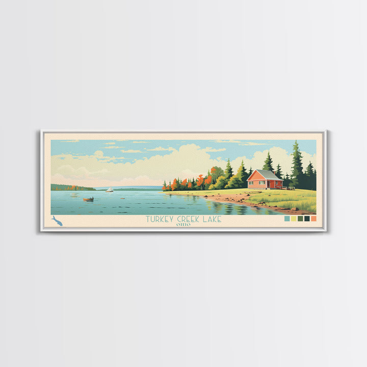 Turkey Creek Lake, Ohio Framed Canvas Print, Lake House Decor, Midcentury Modern Art, Pop Art, Travel Poster, Living Room Wall Art