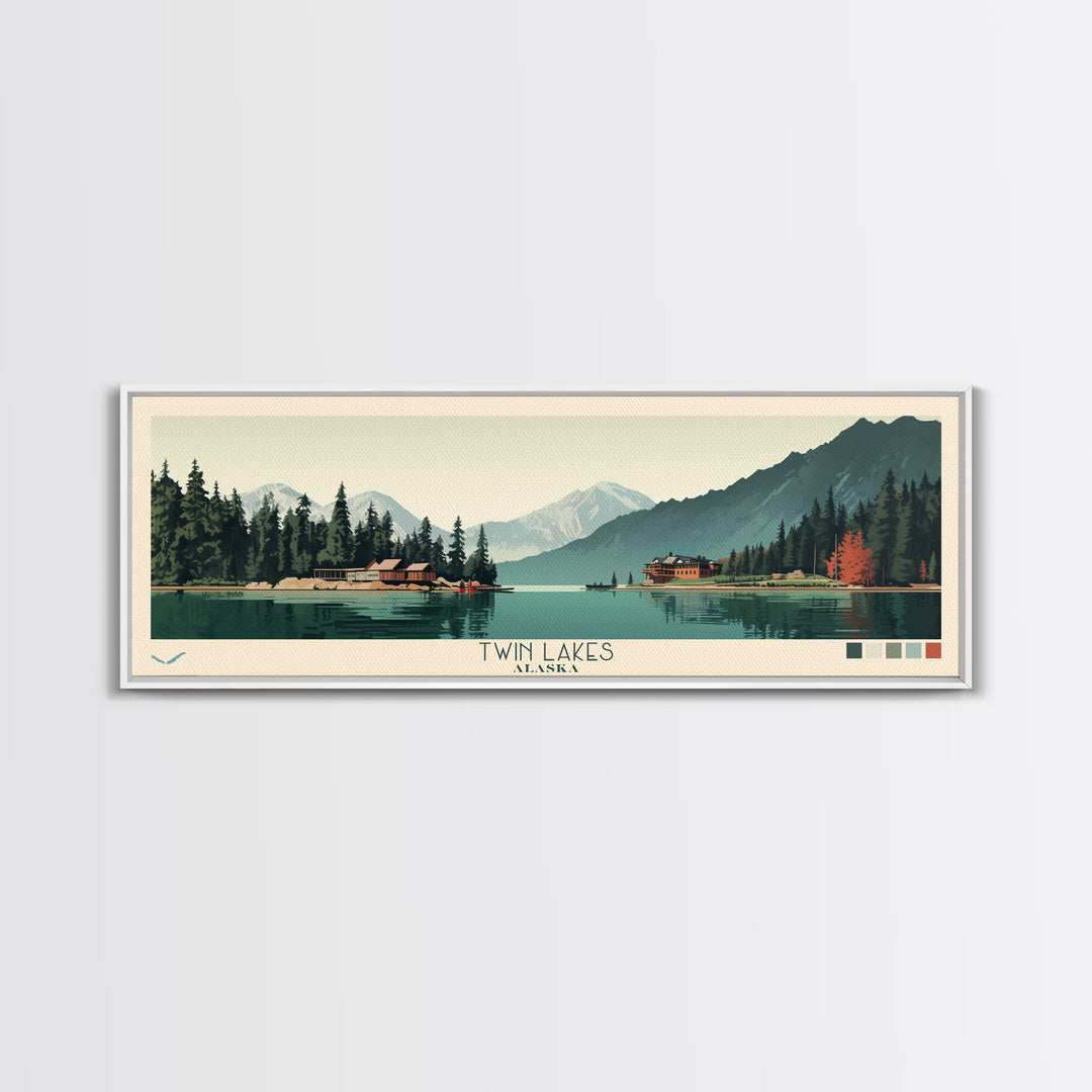 Twin Lakes, Alaska Framed Canvas Print, Lake House Art, Midcentury Modern Decor, Pop Art, Travel Poster, Bedroom Wall Art