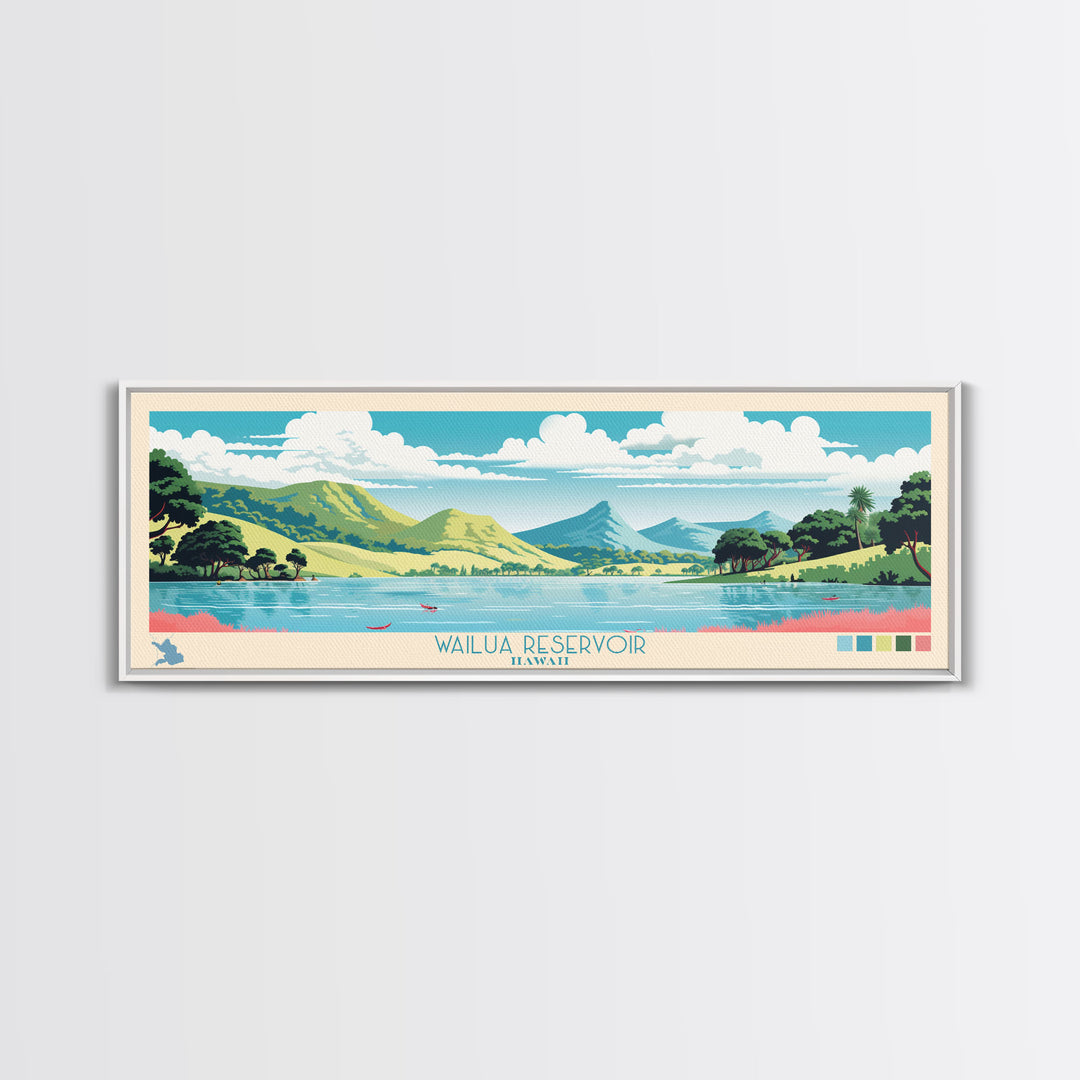 Wailua Reservoir, Hawaii Framed Canvas Print, Panoramic Lake House Art, Midcentury Modern Decor, Pop Art, Travel Poster, Living Room Wall Art