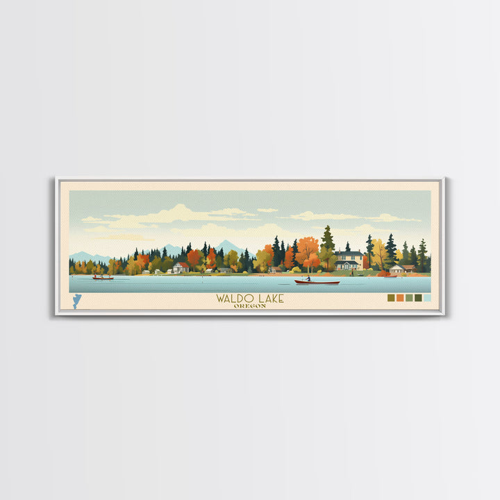 Waldo Lake, Oregon Framed Canvas Print, Panoramic Lake House Art, Midcentury Modern Decor, Pop Art, Travel Poster, Living Room Wall Art