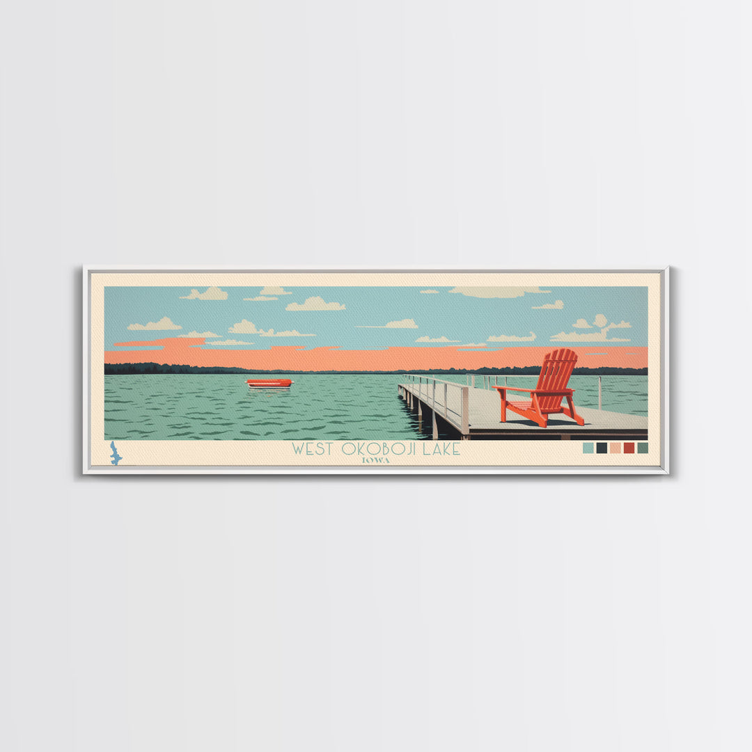 West Okoboji Lake, Iowa Panoramic Framed Canvas Print, Lake House Art, Midcentury Modern Decor, Pop Art, Travel Poster, Bedroom Wall Art