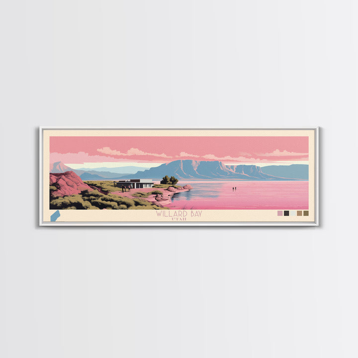 Willard Bay, Utah Framed Canvas Print, Panoramic Lake House Decor, Midcentury Modern Art, Pop Art, Travel Poster, Living Room Wall Art