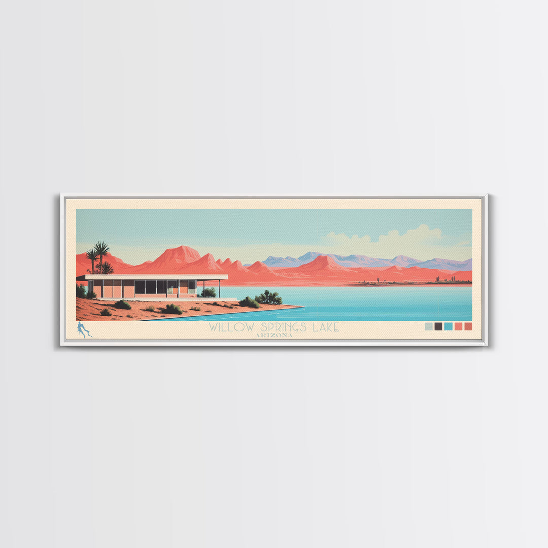 Willow Springs Lake, Arizona Panoramic Framed Canvas Print, Lake House Decor, Midcentury Modern Art, Pop Art, Travel Poster