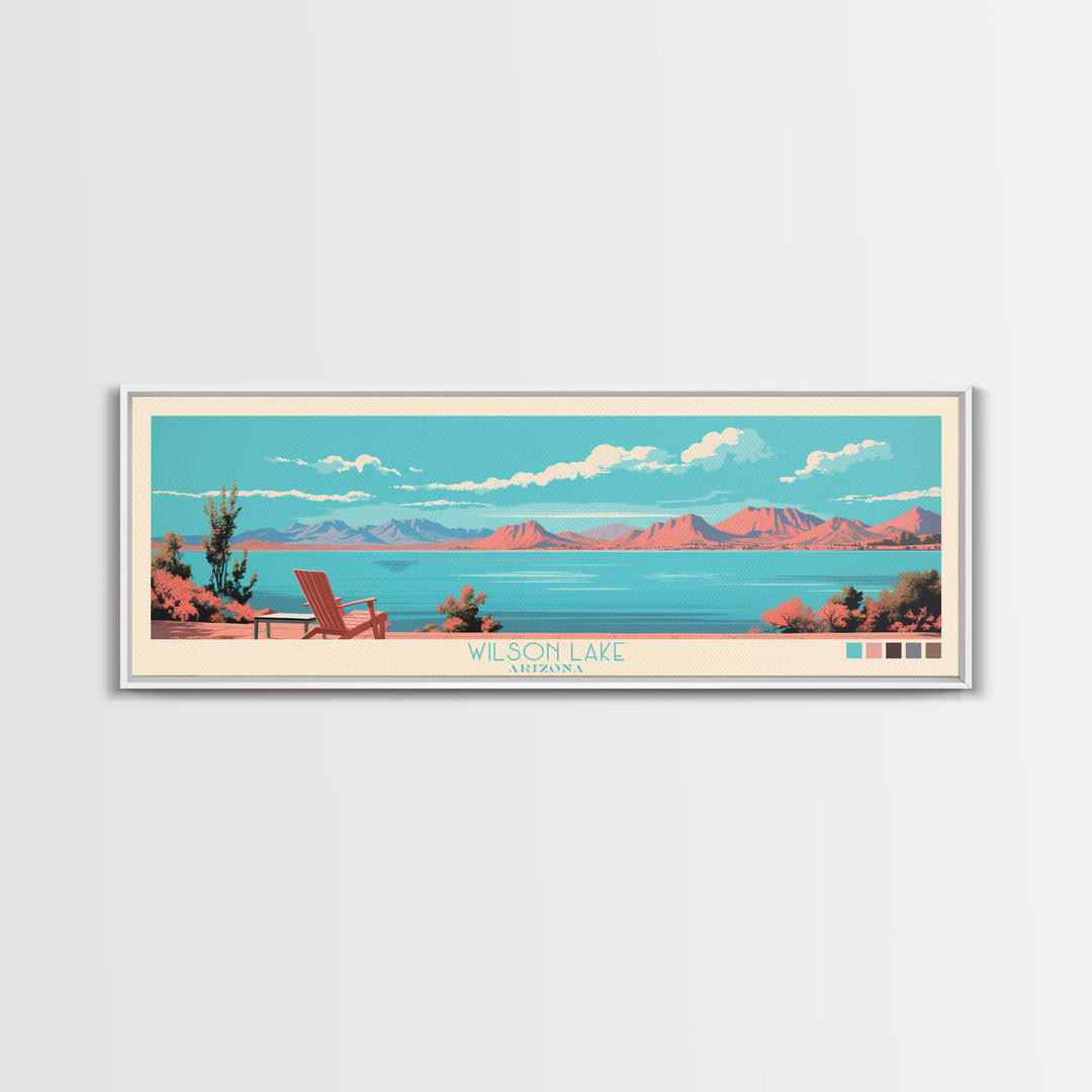 Wilson Lake, Arizona Framed Canvas Print, Panoramic Lake House Art, Midcentury Modern Decor, Pop Art, Travel Poster, Wall Art