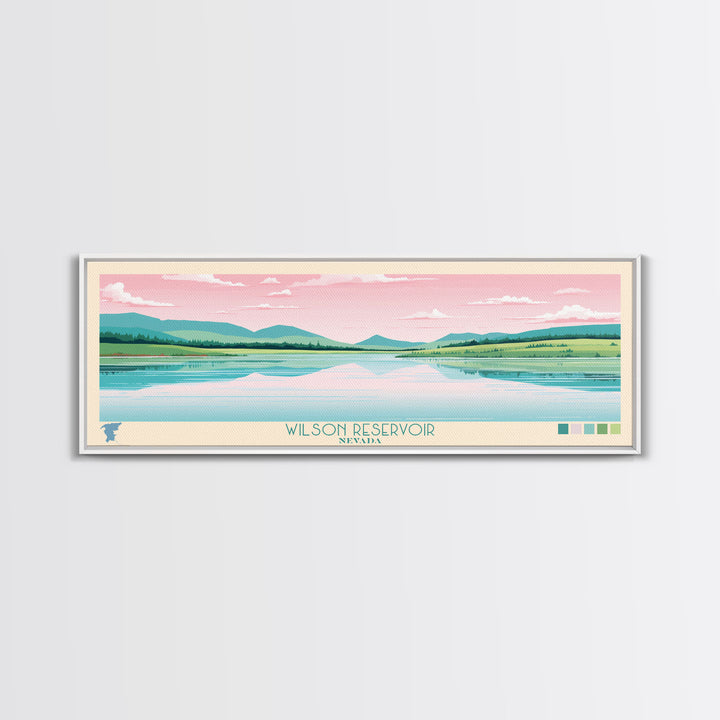 Wilson Reservoir, Nevada Panoramic Framed Canvas Print, Lake House Decor, Midcentury Modern Art, Pop Art, Travel Poster