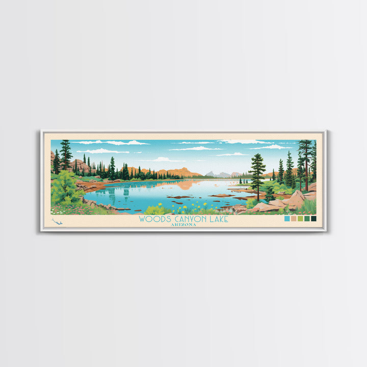 Woods Canyon Lake, Arizona Panoramic Framed Canvas Print, Lake House Art, Midcentury Modern Decor, Pop Art, Travel Poster