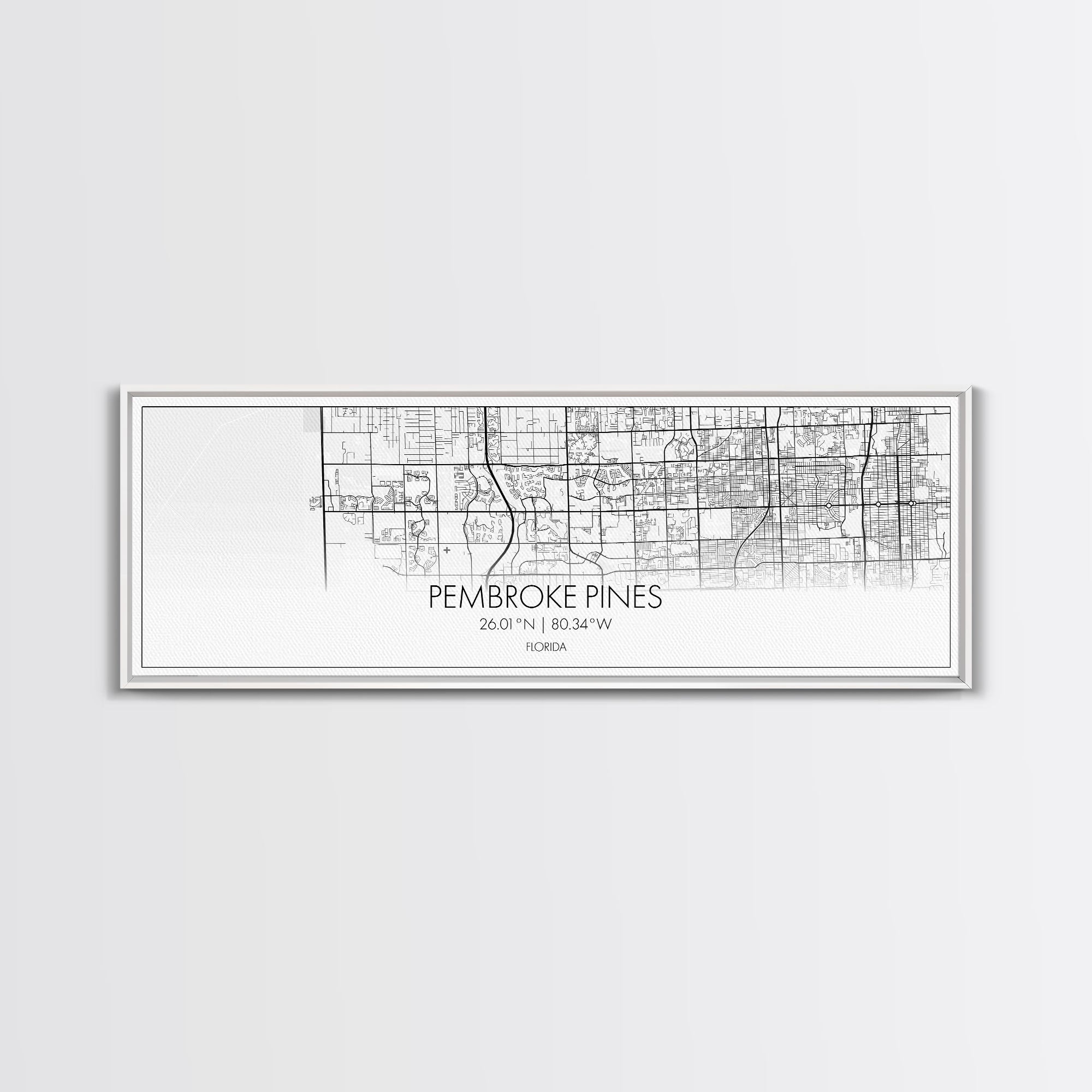 Panoramic Pembroke Pines City Map, Florida Art, Map Print, Minimalist Wall Art, Canvas Art, Housewarming Gift, Street Map Art, Closing Gift