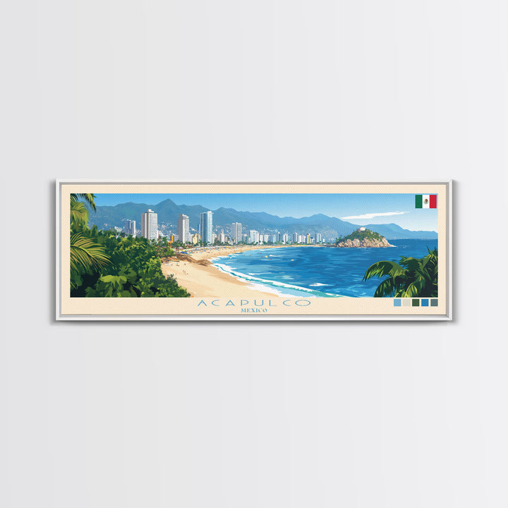 Acapulco, Mexico Travel Poster Panoramic Canvas Print, Acapulco, Mexico Painting, Mexico Art, Acapulco Travel Art, Guest Room Painting