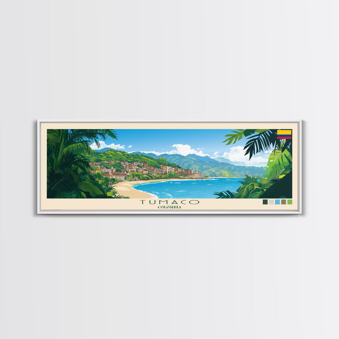 Tumaco, Colombia Panoramic Travel Poster Canvas Print, Tumaco, Colombia Painting, Colombia Art, Tumaco Panoramic Travel Art, Travel Painting