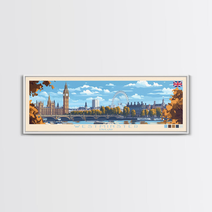 Westminster, England Panoramic Travel Poster Canvas Print, Westminster, England Painting, England Art, Westminster Travel Art, Living Room Painting