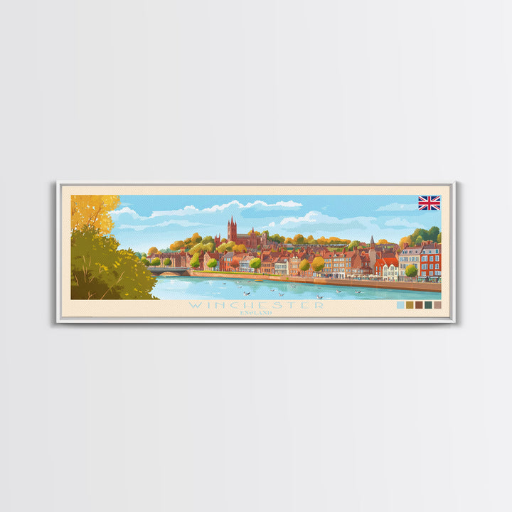 Winchester, England Travel Poster Panoramic Canvas Print, Winchester, England Painting, England Art, Winchester Travel Art, Guest Room Painting